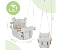 Vaikiškos medvilninės sūpynės su pagalvėlėmis ir dirželiais, 12-36 mėn., 60 kg, pilkos