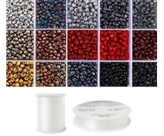 Siūlų ir stiklinių apvalių karoliukų (biserio) 6/0 RainBow® 15 spalvų po 10 g rinkinys, tamsus