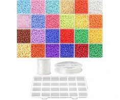 Siūlų ir stiklinių apvalių karoliukų (biserio) 6/0 RainBow® 24 spalvų po 10 g rinkinys su dėžute, šviesus