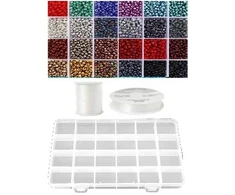 Siūlų ir stiklinių apvalių karoliukų (biserio) 6/0 RainBow® 24 spalvų po 10 g rinkinys su dėžute, tamsus