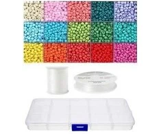Siūlų ir stiklinių apvalių karoliukų (biserio) 6/0 RainBow® 15 spalvų po 10 g rinkinys su dėžute, ryškus