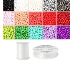 Siūlų ir stiklinių apvalių karoliukų (biserio) 6/0 RainBow® 15 spalvų po 10 g rinkinys, šviesus