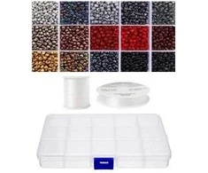 Siūlų ir stiklinių apvalių karoliukų (biserio) 6/0 RainBow® 15 spalvų po 10 g rinkinys su dėžute, tamsus
