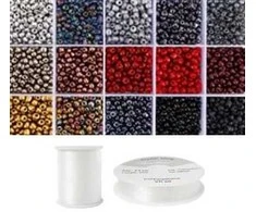 Siūlų ir stiklinių apvalių karoliukų (biserio) 6/0 RainBow® 15 spalvų po 10 g rinkinys, tamsus
