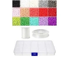 Siūlų ir stiklinių apvalių karoliukų (biserio) 6/0 RainBow® 15 spalvų po 10 g rinkinys su dėžute, šviesus