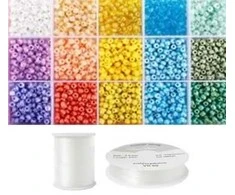 Siūlų ir stiklinių apvalių karoliukų (biserio) 6/0 RainBow® 15 spalvų po 10 g rinkinys, pastelinis