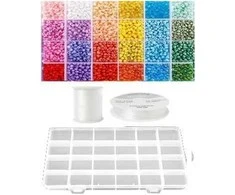 Siūlų ir stiklinių apvalių karoliukų (biserio) 6/0 RainBow® 24 spalvų po 10 g rinkinys su dėžute, pastelinis
