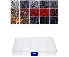 Stiklinių apvalių karoliukų (biserio) 6/0 RainBow® 15 spalvų po 10 g rinkinys su dėžute, tamsus