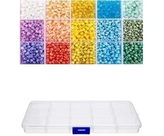Stiklinių apvalių karoliukų (biserio) 6/0 RainBow® 15 spalvų po 10 g rinkinys su dėžute, pastelinis