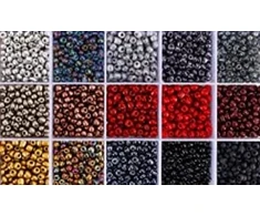 Stiklinių apvalių karoliukų (biserio) 6/0 RainBow® 15 spalvų po 10 g rinkinys, tamsus