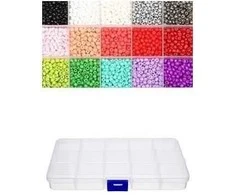 Stiklinių apvalių karoliukų (biserio) 6/0 RainBow® 15 spalvų po 10 g rinkinys su dėžute, šviesus