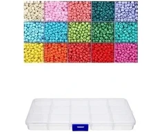 Stiklinių apvalių karoliukų (biserio) 6/0 RainBow® 15 spalvų po 10 g rinkinys su dėžute, ryškus