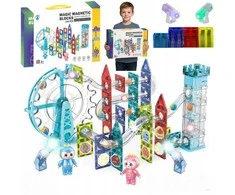 Magnetinės konstruktoriaus kaladėlės vaikams su šviečiančiu 3D kamuoliukų taku STEM LED 124 dalių