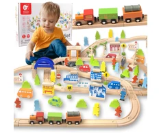 Classic World Didelis medinės traukinių trasos rinkinys su priedais 110 vnt