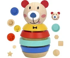 Medinė Tooky Toy dėlionė piramidė meškiukas su formomis