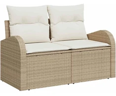 7 dalių sodo sofa komplektas su pagalvėmis Smėlio poliratanas, 2 vietų sodo sofa su saugojimu ir pagalvėmis Smėlio poliratanas