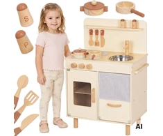 Tooky Toys TOOKY TOY medinė smėlio spalvos virtuvė su priedais