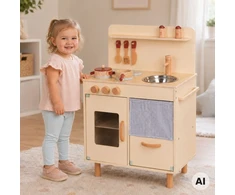 Tooky Toys TOOKY TOY medinė smėlio spalvos virtuvė su priedais
