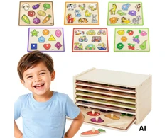Viga Toys VIGA medinė dėlionė su rankenėlėmis ir lentyna 7 vnt.