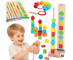 Viga Toys VIGA mediniai karoliukai vėrimo sekos raštams 64 vnt. 3+