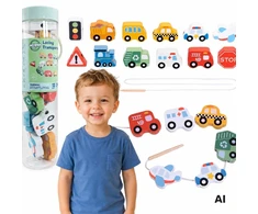 Woopie Žalias medinis vėrimo žaislas Transportas 13 vnt