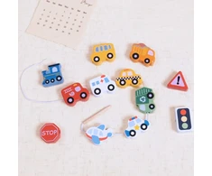 Woopie Žalias medinis vėrimo žaislas Transportas 13 vnt