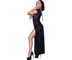 Chilirose Dresses Chilirose CR 4685 Elegant Long Hooded Dress Juodas S - Brocade &amp; Sheer Finish