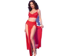 Chilirose Sets Chilirose CR4850 Raudona Tulle Top &amp; Leggings Set with Gold Accents S