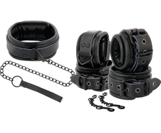 Darkness Juodas Leather Collar &amp; Handcuff Set with Adjustable Leash