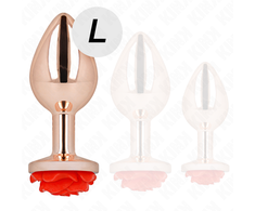 Kink Pleasure Plugs Rožinė KINK Rožinė Gold Metal Plug Large with Raudona Rose Base, Stainless Steel