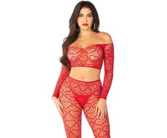 Leg Avenue Bodystockings Leg Avenue Raudona Crop Top &amp; Stockings Set One Size - Vibrant Stretch Fit