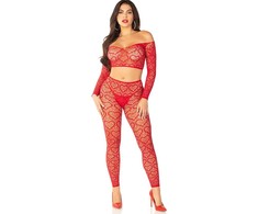 Leg Avenue Bodystockings Leg Avenue Raudona Crop Top &amp; Stockings Set One Size - Vibrant Stretch Fit