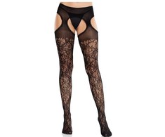 Leg Avenue Hosiery Leg Avenue Floral Lace Garter Stockings Juodas - Integrated Suspender Design