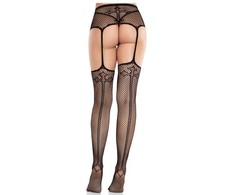 Leg Avenue Hosiery Leg Avenue Elegant Lace Stockings with Cross Motif &amp; Garter Belt, Juodas