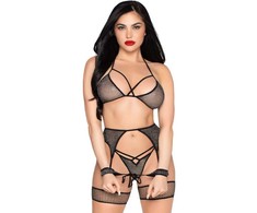 Leg Avenue Sets Leg Avenue 89362 Mesh Top, Thong, Garter Belt &amp; Cuffs Set Juodas One Size