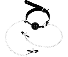 Ohmama Fetish Adjustable Juodas Ball Gag with Nipple Clamp Chains
