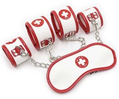 OHMAMA Fetish Mini Set 3-Piece Nurse - Cuffs &amp; Mask Kit, PVC, Baltas/Raudona
