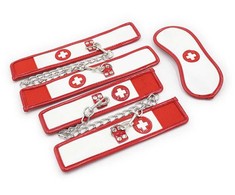 OHMAMA Fetish Mini Set 3-Piece Nurse - Cuffs &amp; Mask Kit, PVC, Baltas/Raudona
