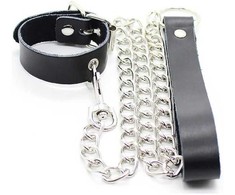 OHMAMA Fetish Leather Collar with Metal Chain and Playful Pendant