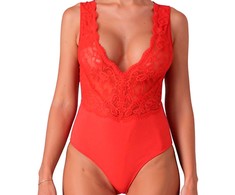 Passion Woman Teddies PASSION Evalie Bodysuit Raudona S/M - Elegant Lace &amp; Open Back Design