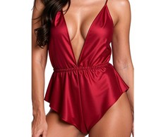 Passion Woman Teddies PASSION Sensie Satin Bodysuit Burgundy L/XL Adjustable Straps