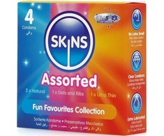 Skins Assorted Premium Condoms Pack 4 - Natural, Ribbed, Dotted, Ultra-Thin