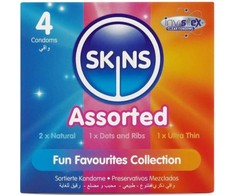 Skins Assorted Premium Condoms Pack 4 - Natural, Ribbed, Dotted, Ultra-Thin