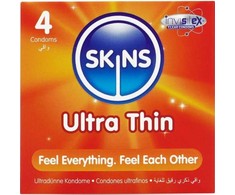 Skins Ultra Thin Premium Latex Condoms 4-Pack | Extra Lubricated, 55mm