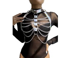 Subblime Fetish Subblime 953737 Chest Harness Sidabrinis with Rings and Chains, One Size