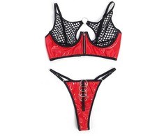 Subblime Sets SUBBLIME 955533 Raudona Shiny Faux Leather &amp; Mesh Bra Set S/M