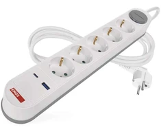 Emos Pailginimo laidas 3 m / 5 lizdai / jungiklis / baltos-pilkos spalvos / 1×USB-A + 1×USB-C / 1,5 mm2