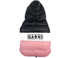 Dashi Dryžuotas Rožinis ir Juodas Anorak – Dygsniuotas su gobtuvu šunų paltukas, 4XL, šiltas ir stilingas dizainas