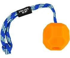 Julius K9 Fluorescentinis Kamuoliukas 6cm – Ryškiai Oranžinis Žaislas su Virvele ir Skylute Skanėstui, Tvirto Dizaino