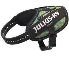 Julius-K9 IDC Powerharness Leopard – Atspindinti šunų petnešėlė, geltonos ir turkio spalvos raštas, dydis Baby 2